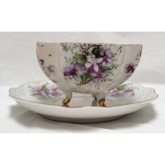 Vintage 3-Footed Purple Floral Iridescent Tea Cup Saucer Set Gold Accents Trim - Picture 5 of 9